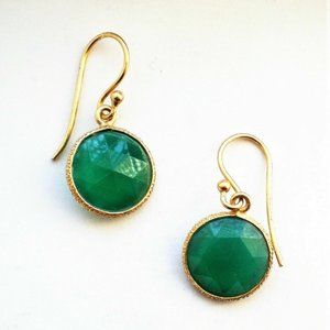 Designer Gilded Sterling Silver 925 12MM Faceted Green Onyx Dangle Earrings